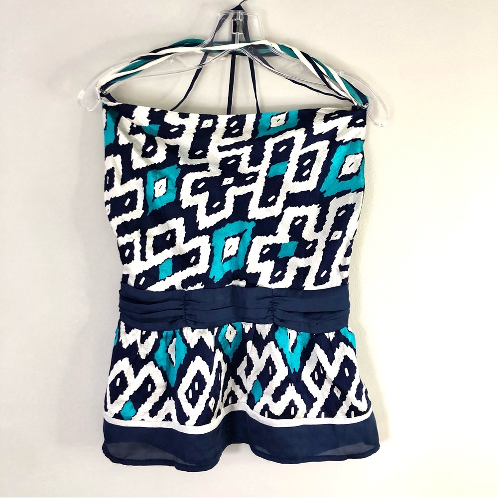Anthropologie Navy White Teal Geometric Halter Tank